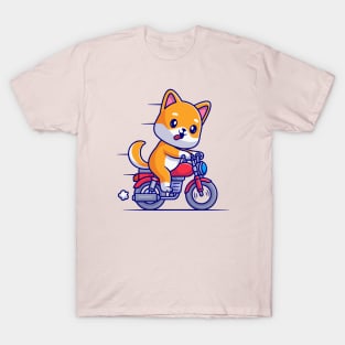 Cute Shiba Inu Dog Riding Motorcycle Cartoon T-Shirt